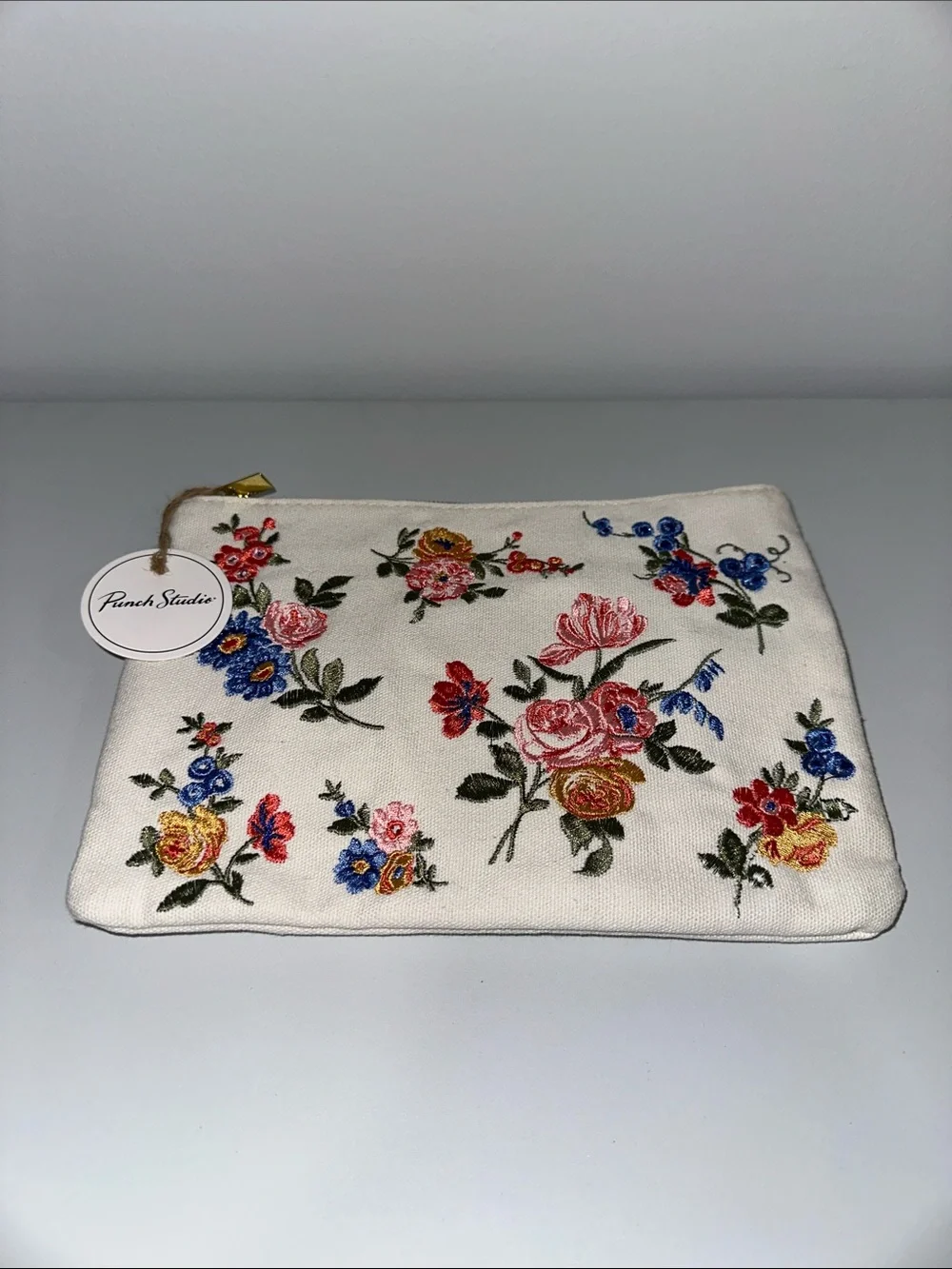 Punch Studio Ivory Muti Delicate Embroidered Floral Canvas Gold Tone Zip Pouch
